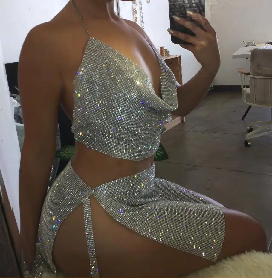 YX656-Silver-dress Сексуальное летнее женское платье, золотистый, серебристый металлический с кристаллами, бриллиантами, с открытой спиной, стразы с блестками, для ночного клуба, два предмета, платья с блестками - Цвет: YX656-Silver-dress
