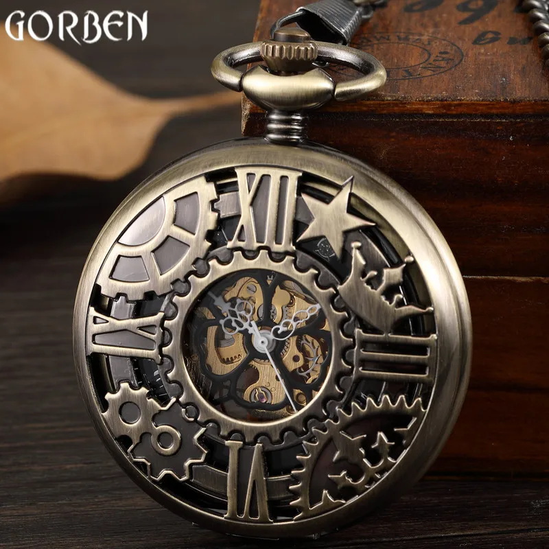 Ретро Бронзовый Шестерни Механические карманные часы Для мужчин Star римскими цифрами Дизайн Уникальный Hollow Скелет стимпанк ручной Fob часы