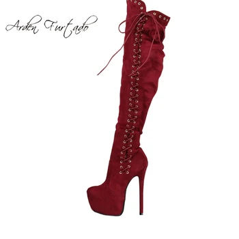 

Winter 2019 stilettos heels sexy fashion women's shoes cross lacing platform women's boots novelty red suede over the knee hi