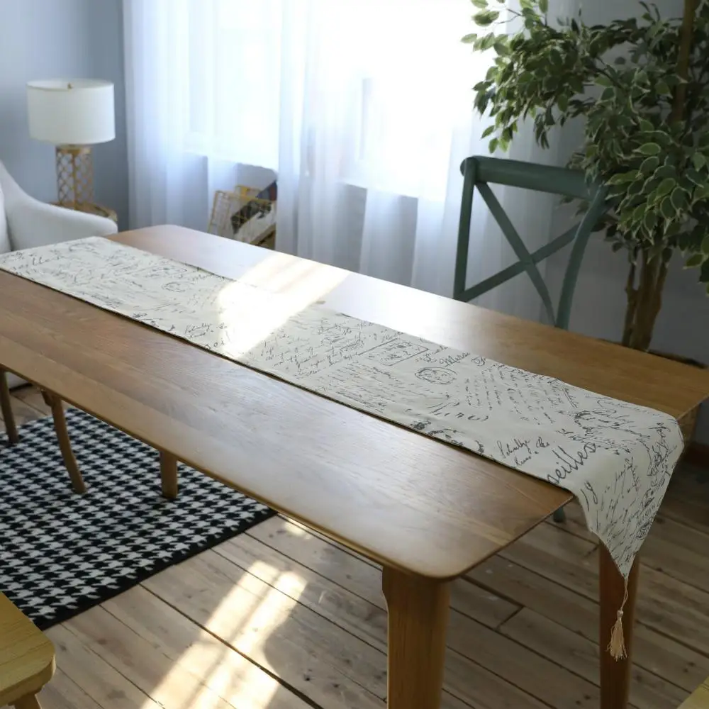 

Modern Style Cotton Fabric Table Runner Text Pattern Table Cover Cloth Dining Room Party Decor Crafts Home Table Decoration