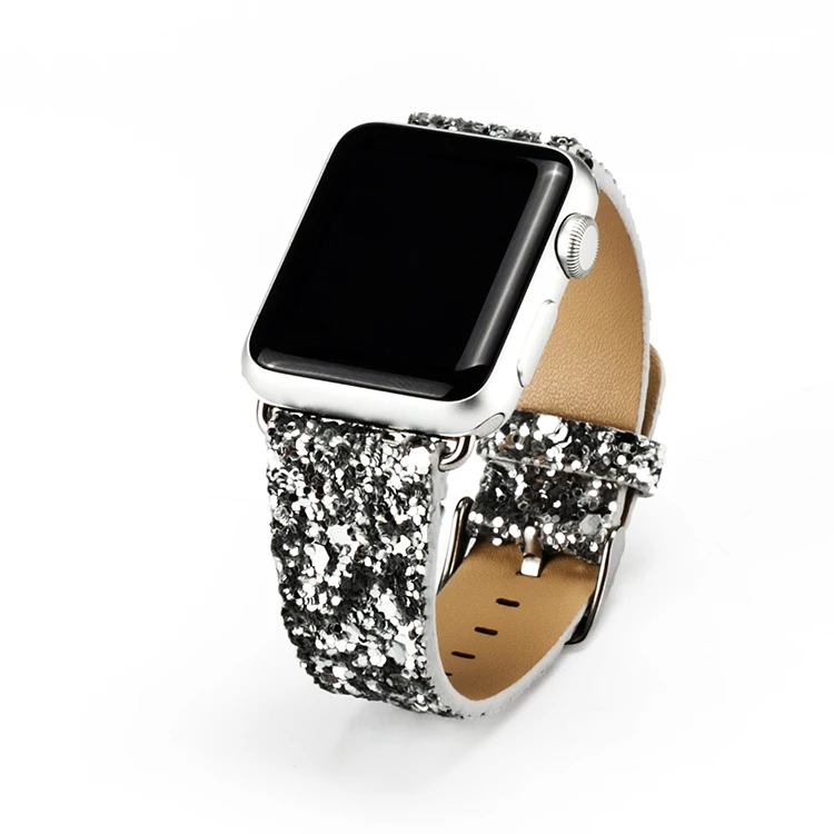 Рождество с блестками Мощность Кожа Bling наручных часов iWatch, ремешок для наручных часов Ремешок для наручных часов Apple Watch Series 5/4/3/2/1 38 мм 40 мм 42 44 мм - Цвет ремешка: Серебристый