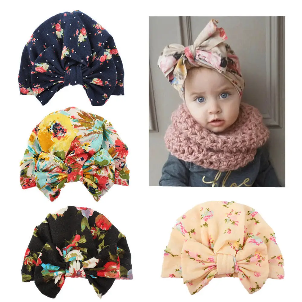 

2019 Newest Hot 0-4Y Newborn Toddler Kids Baby Girl Flower Hats Turban Cotton Beanie Hat Winter Cap Lovely Floral Bow Hat