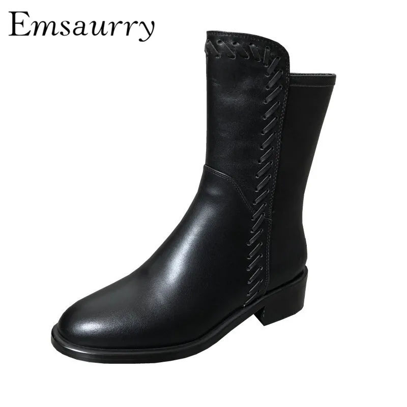 

Sewing Short Booties For Women Square Heel Round Toe Genuine Leather Black Autumn Winter Martin Boots Women