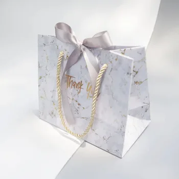 

10Pcs/lot White Marble Paper Bags Gold Ribbon Gift Paper Bags With Handle Wedding Birthday Party Gift Bags Favors Packaging