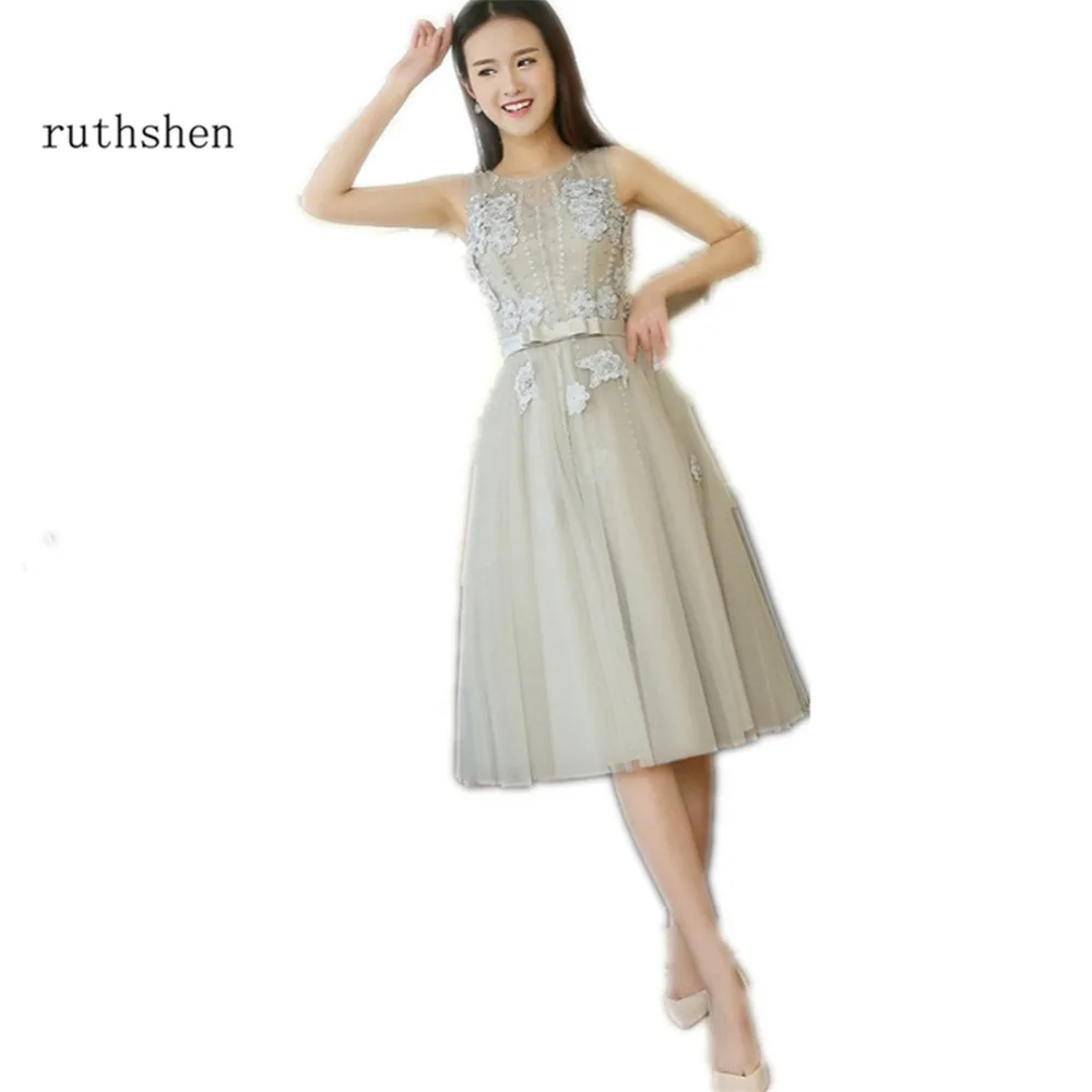 

Gray Knee Length Short Prom Dresses 2016 Appliques Lace Tulle Beaded In Stock Cheap Cocktail Party Dress Robe De Cocktail Longue