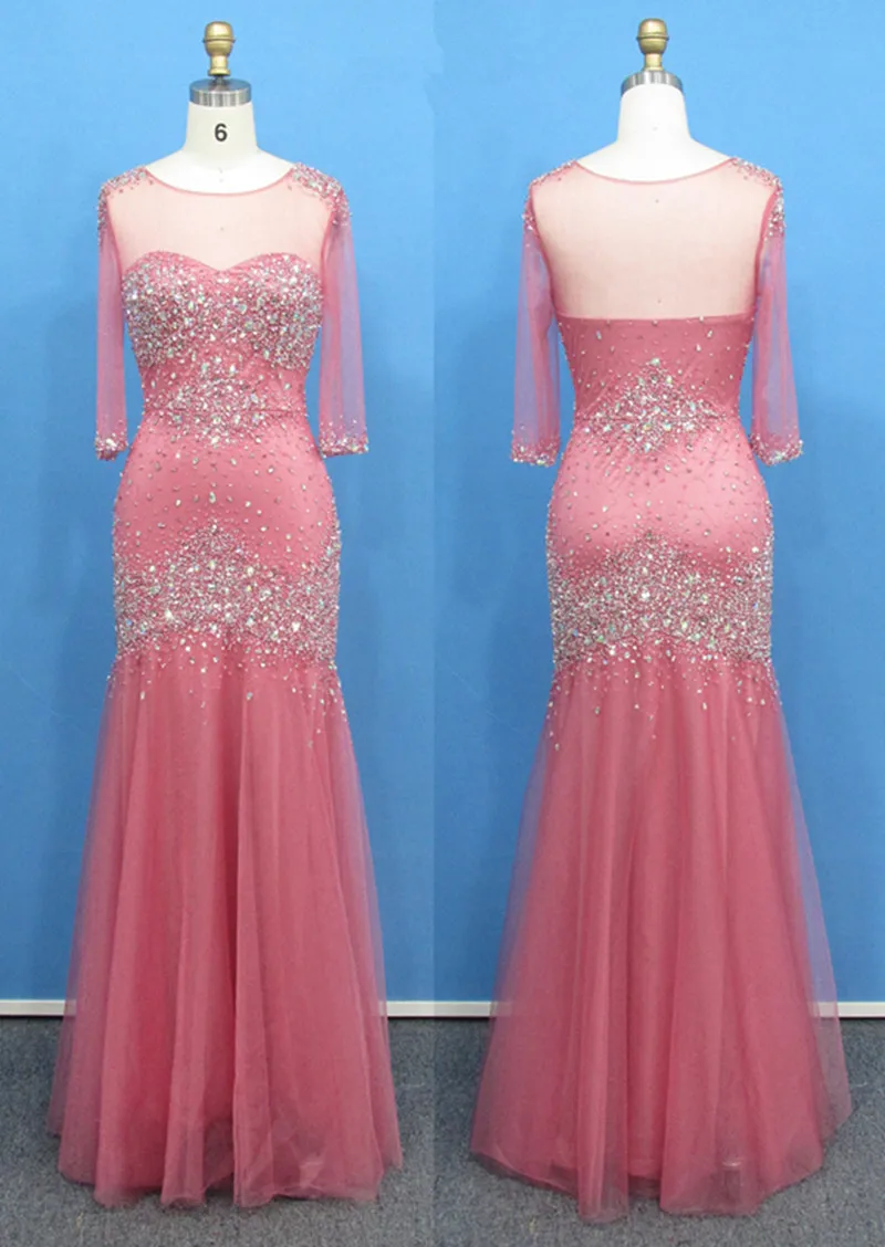 Women Special Occasion Dress Sheer Top Pink Tulle Long Mermaid Beaded