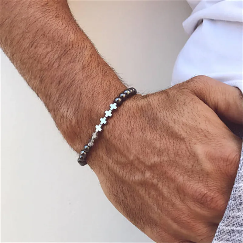 

Fashion Bead Bracelets Men 2019 New Cross 6mm beads Charms Bracelet For Men Handmade pulsera hombre Jewelry Gift
