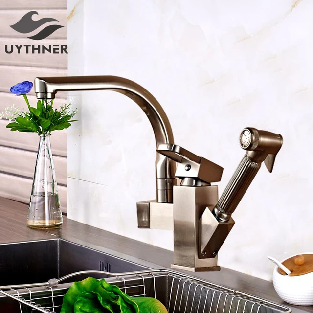 Special Offers Uythner Brushed Nickle Dual Spout Pull Out Kitchen Faucets Deck Mounted Shower Sprayer Kitchen Taps with Hot Cold Water Pipes