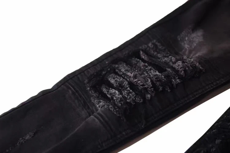 Slim Fit Проблемные байкерские джинсы уличной дизайнер Ruched колено Винтаж Черный Strech джинсы бесплатная доставка