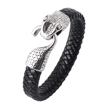Pulsera de cuero trenzada con forma de serpiente para hombre, joyería de acero inoxidable, regalo Punk, PW758