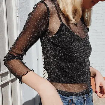 

NEW Women Sexy Mesh Shiny Long Sleeve Blouse Casual Party Loose Tops shirt