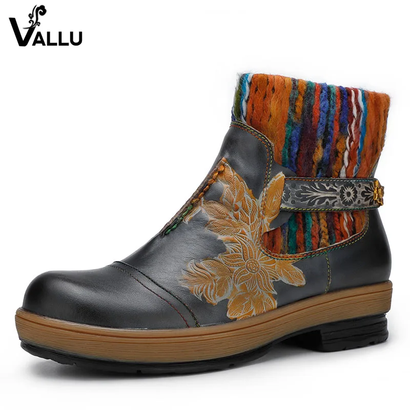 

2018 VALLU Ethnic Style Ladies Ankle Boots Round Toes Mixed Color Embroider Genuine Leather Female Shoes Women Boots