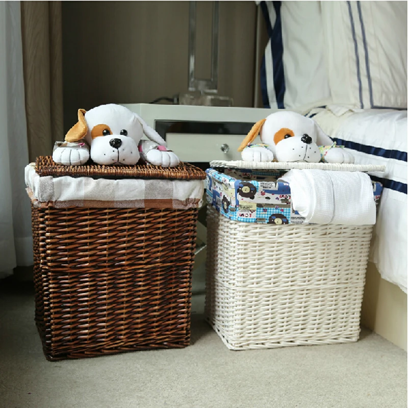 Us 69 93 30 Off Large Small Dark Brown Dirty Clothes Wicker Laundry Basket With Cute Puppy Lid White Decorative Wicker Storage Neatening Baskets In