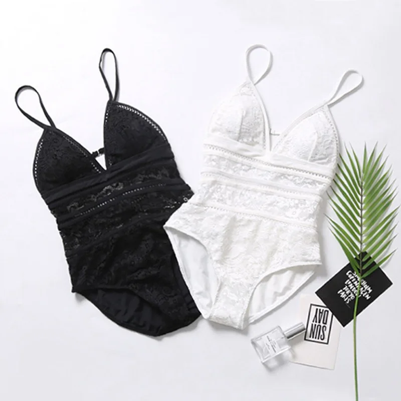 

Women Sexy Slim Mesh Lace Solid Color Sling Strap One-Piece Halter Bikini High Waist Swimsuit
