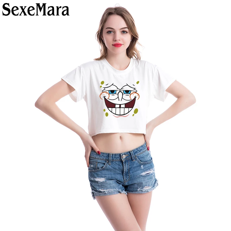 

SexeMara Summer Women Print T Shirt Cute SpongeBob pattern Printing Clothes White Tops Short T-Shirts Female Tee Shirts 6QRVB72