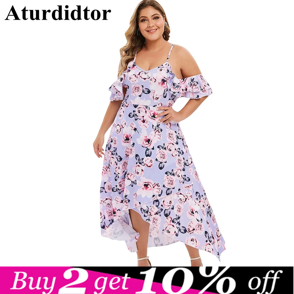 

Plus Size Floral Print Asymmetrical Beach Dress Cover Up Ruffle Trim Bohemia Cold Shoulder Summer Women Spaghetti Strap Vestidos
