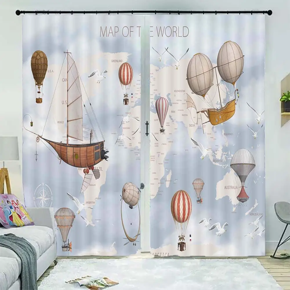 

Hand-drawn cartoon spaceship balloon 3D Curtains For Bedroom Kids Living Room Drapes Fabric Polyester Set with Hooks