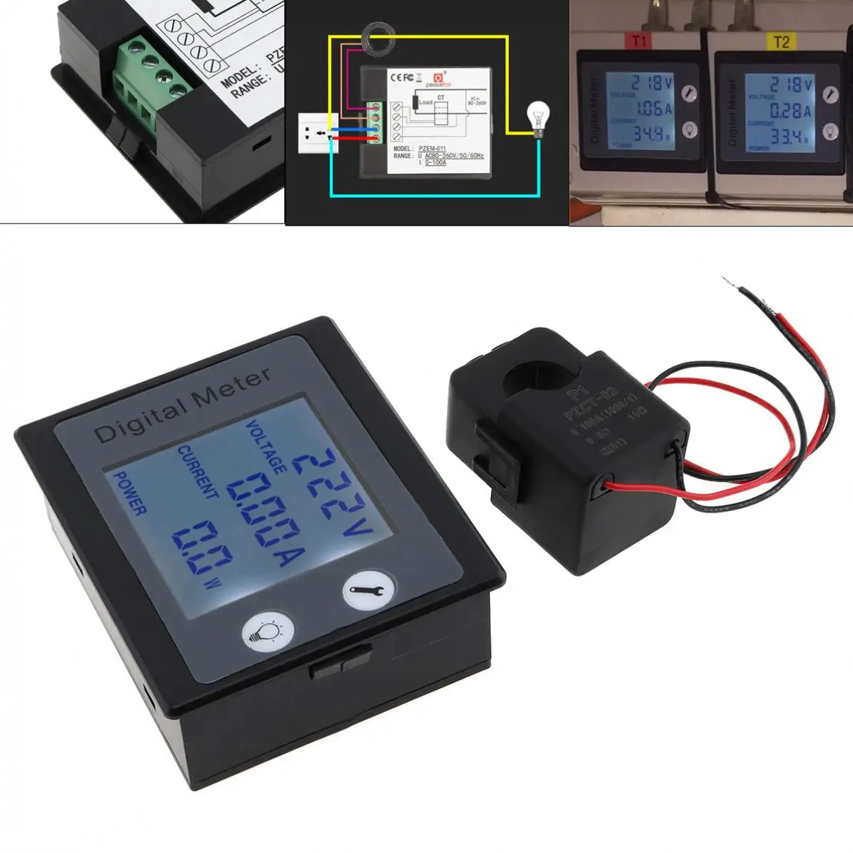 

AC Single Phase Digital Electric Saver Power Meter Wattmeter 220V 100A Khw Energy Meter PZEM-011 with CT Split