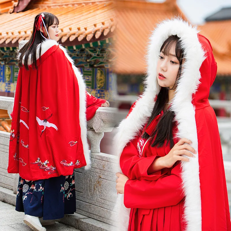 Cosplay Cachemire Épaissir Cape Noël Long Chinois Manteau Outwear Grue De À Femmes Laine Capuchon Broderie Floral Fourrure 6OFRqwZ