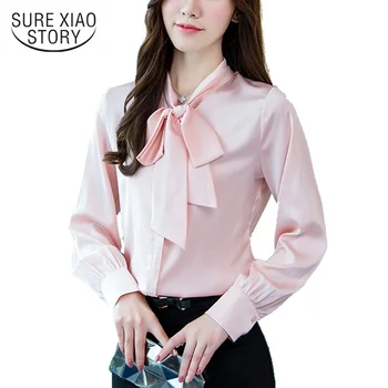 

new arrival 2018 spring silk shirt women long sleeved blouse bow shirts female chiffon shirt office lady clothing D174 30