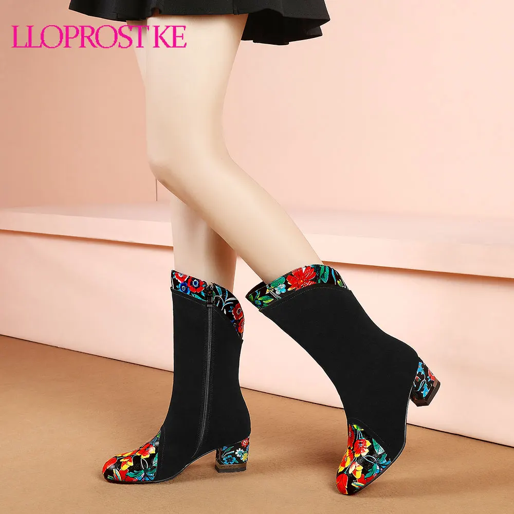 

Lloprost ke Flower Embroidered Fashion Winter Women Black Mid Calf Boots Ladies Warm Fur Thick High Heel Shoes Zapato Mujer D798