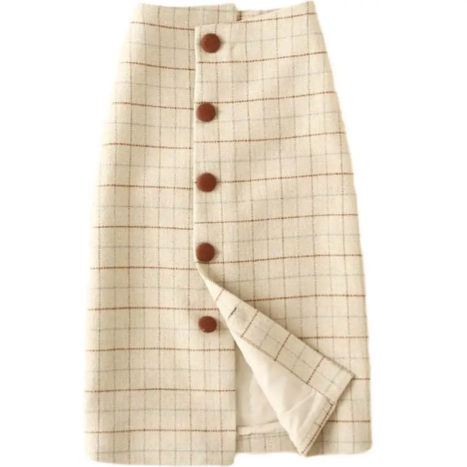 Cena Kobiety wełniana chusta spódnica ołówkowa wysokiej talii Celebrity krata Retro kobieta moda spódnica jednorzędowa