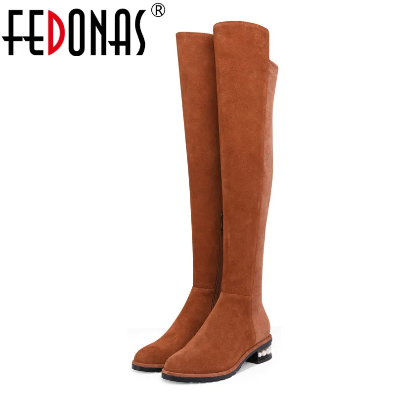 

FEDONAS Fashion Cow Suede Long Motorcycle Boots Ladies Slim Long Warm Autumn Winter Motorcycle Boots Beading Party Shoes Woman