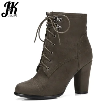 

JK Brand Women Ankle Boots Cross tied Zipper Desert Boots Military Booties Woman Thick High Heels Shoes Female Winter Boots