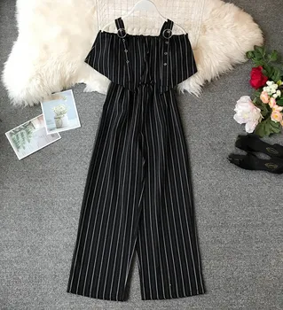 

2019 Spring Ladies Sleeveless Striped Jumpsuit Boho Ruffles Off Shoulder Women Casual Wide Leg Rompers