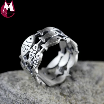

100% 925 Sterling Silver Rings Fine Hollow Three Rows Small Fish Design Adjustable Wedding Rings Mothers' Gifts Jewelry SR36