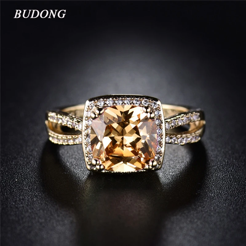 

2017 BUDONG New Style Halo Finger Band Gold-Color Ring Square Orange Crystal Cubic Zirconia Wedding Jewelry For Women XUR320