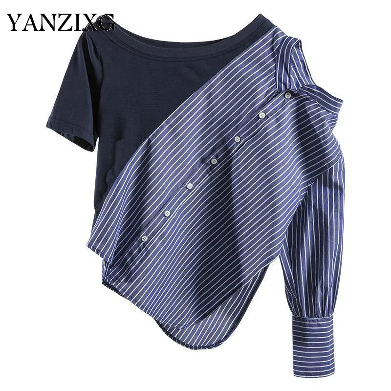 

Women Blouses Irregular Stripe Women Shirts 2ways Wearing Woman Tops Women Asymmetrical Top Asymmetry Blue Blouse 2019 Q115