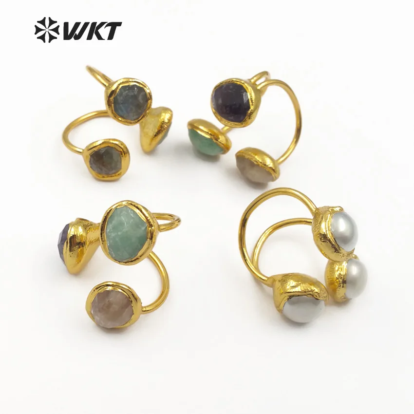 

WT-R315 WKT Vintage Design Natural Purpel Quartz Pink Quartz Labradorite And Pearls Mix Rings Three Stone At Face Women Rings
