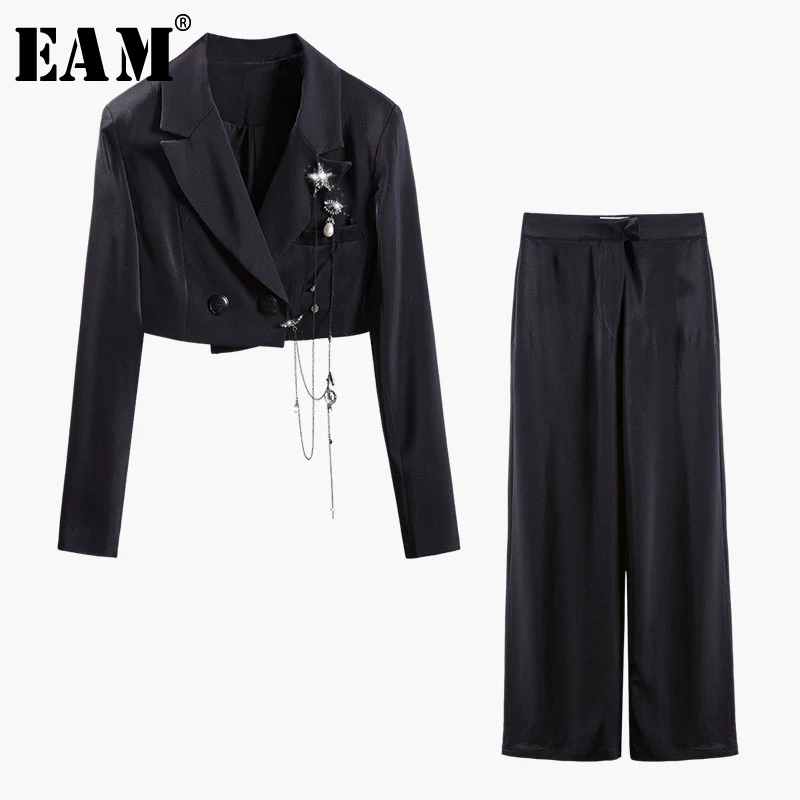 

[EAM] 2019 New Autumn Winter Lapel Long Sleeve Chain Black Loose Long Wide Leg Pants Two Piece Suit Women Fashion Tide JU282