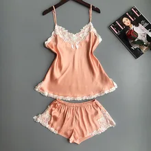 Пижамный комплект весенний Летний Шелковый пикантные женские пижамы короткий топ с Пижамные шорты вышивка кружева леди ночная рубашка домашняя одежда