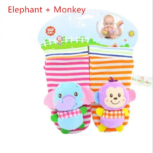Детские носки, погремушки, игрушки, погремушки на запястье, носки для ног 0-24 месяцев, детские погремушки, игрушки - Цвет: elephantmonekysocks