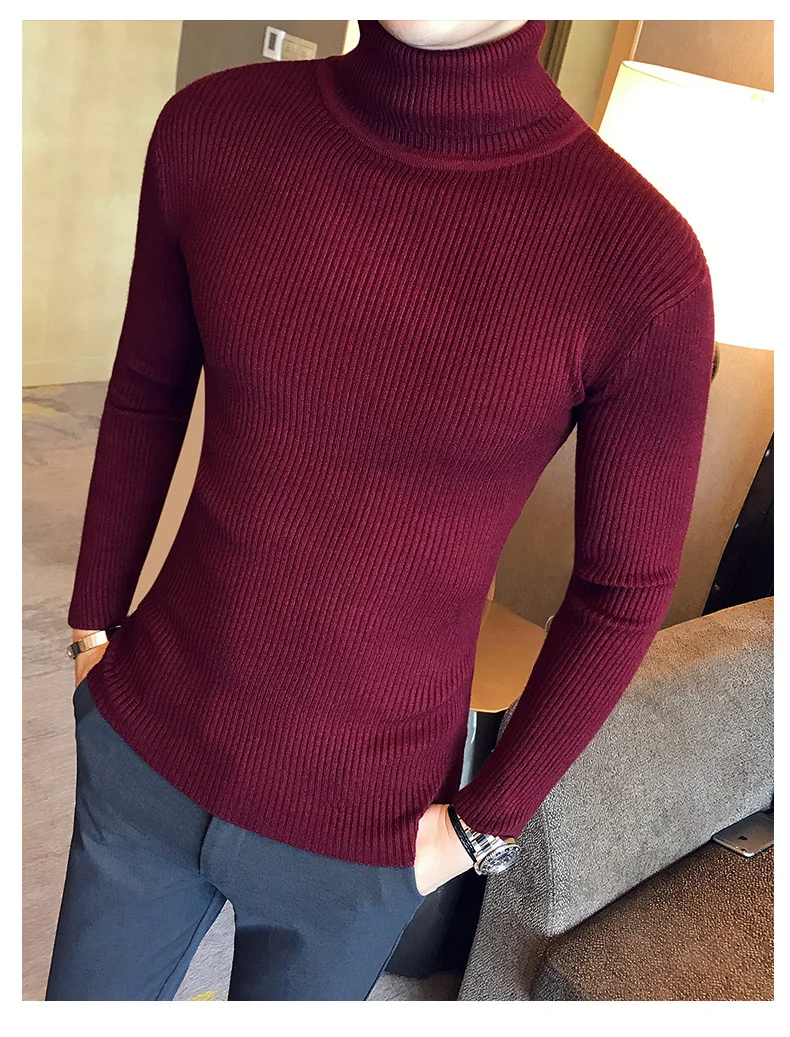 Осенне-зимний модный теплый мужской свитер с высоким воротом, мужские свитера, облегающий черный белый пуловер из эластичной ткани, мужской вязаный двойной свитер