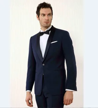 

Custom Made Groomsmen Shawl Black Lapel Groom Tuxedos Navy Blue Mens Suits Wedding Best Man Groom Wear (Jacket+Pants)