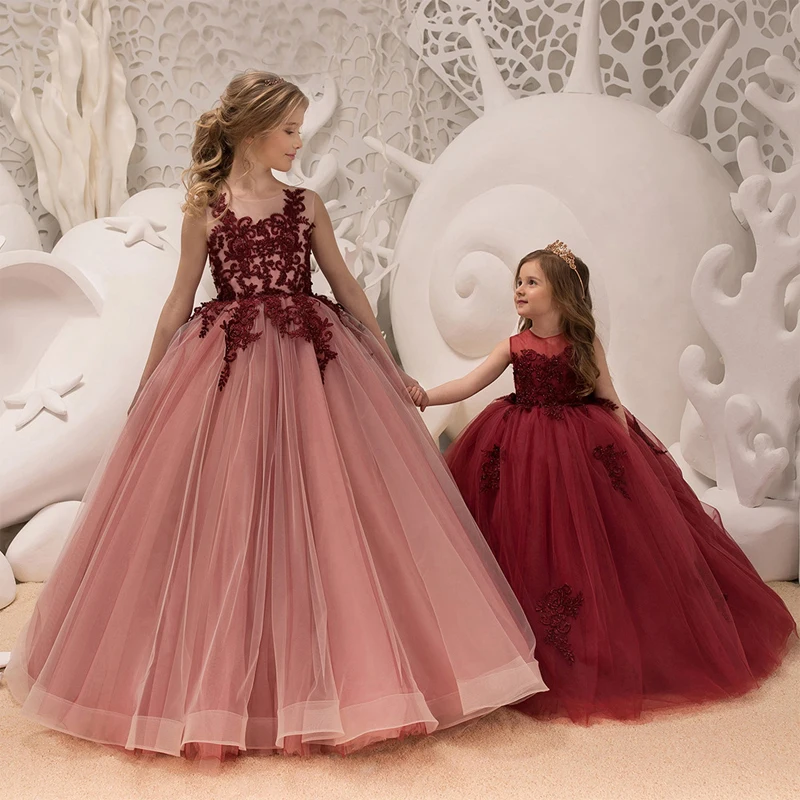 

High end elegant girls first communion dress girls flower weddings prom dresses kids children baby costume flourished clothing