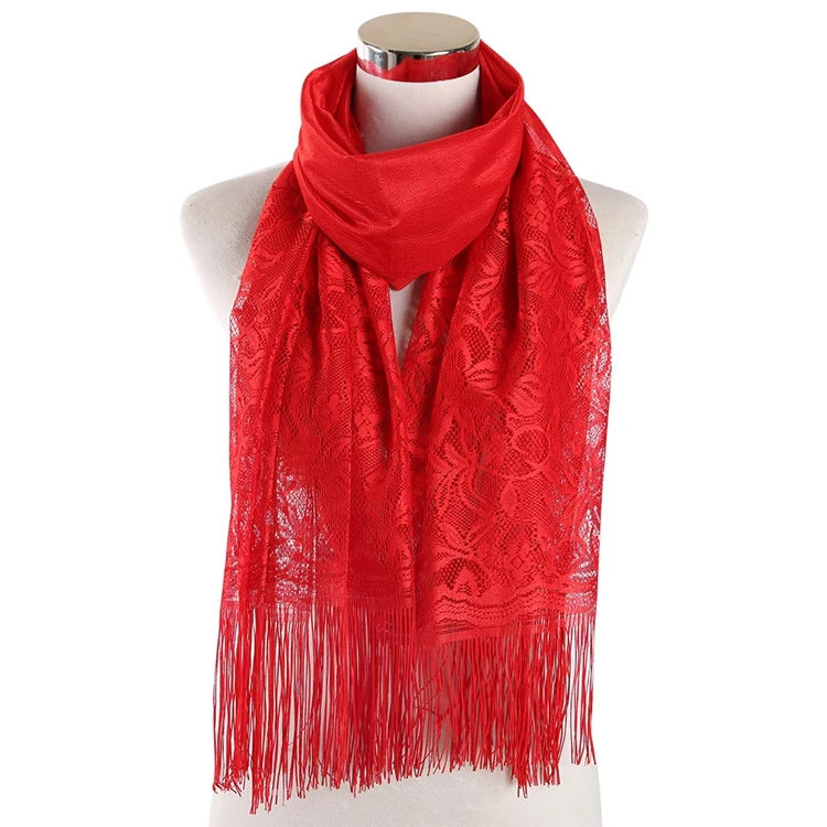FOXMOTHER красный белый черный сплошной цвет цветочный кружевной шарф полые Кисточкой Хиджаб с бахромой шарфы обёрточная бумага мусульманский женский платок Femme - Цвет: Красный
