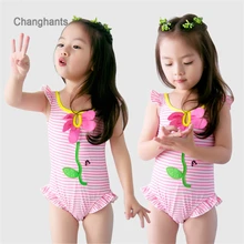 Baby Girls Swimwear Pink Striped with flower Pattern 1-8Y Kids Swimming wear Children One Piece Bathing Suit Summer Beach Wear