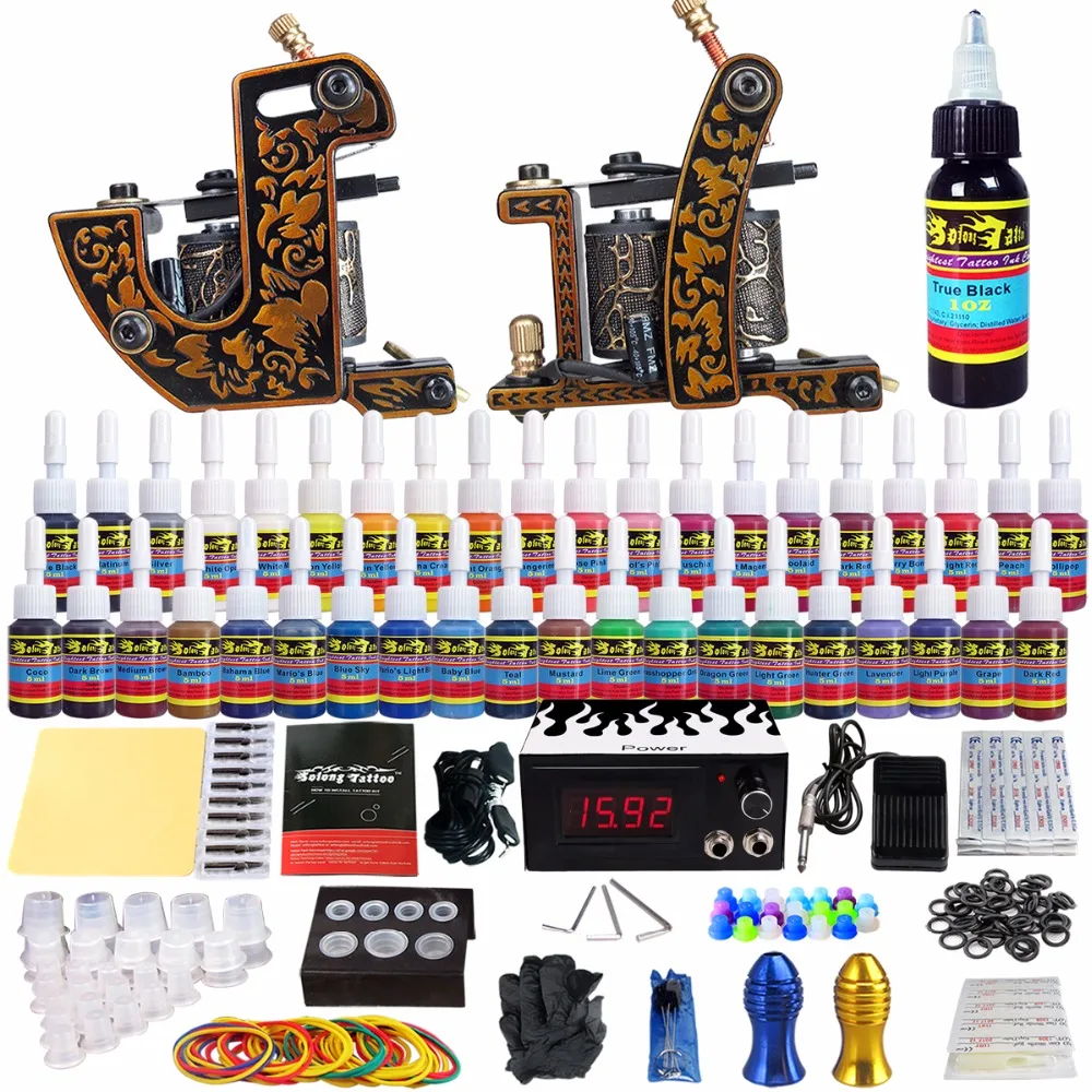 

Solong Tattoo complete professional 2 tattoo Machine Guns set Tattoo Kit 40 Inks Power Supply Needle Grips power supply TKB10