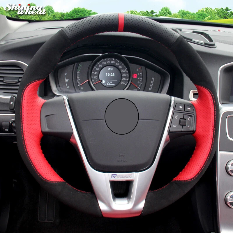 Shining wheat Black Red Genuine Leather Car Steering Wheel Cover for Volvo S60 V40 V60 V70 2014