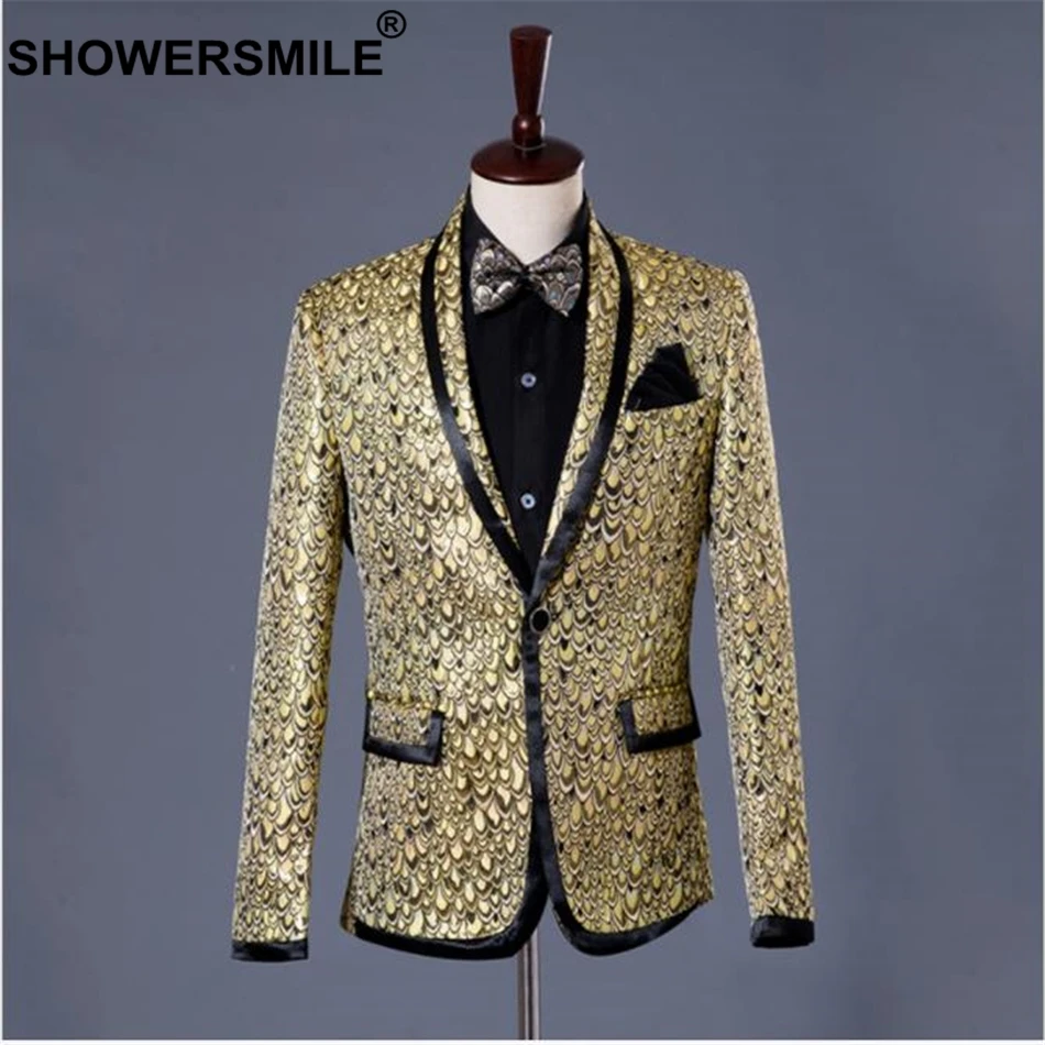

SHOWERSMILE Gold Blazer Men Singer Suit Jacket Peacock Feather Pattern Club Stage Singers Compere British Mens Fashion Blazer