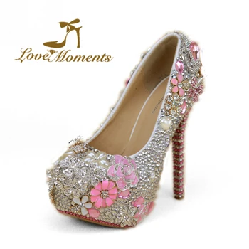 

Love Moments high heels shoes woman Luxurious silver crystals handmade pink rhinestone platform Wedding Shoes Prom Party Pumps
