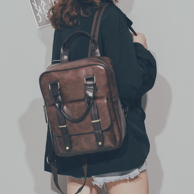 

PU Leather Backpacks for Teenage Girls Vintage School Shoulder Bag Bagpack Mochila Simple Preppy Female Backpack Black Brown