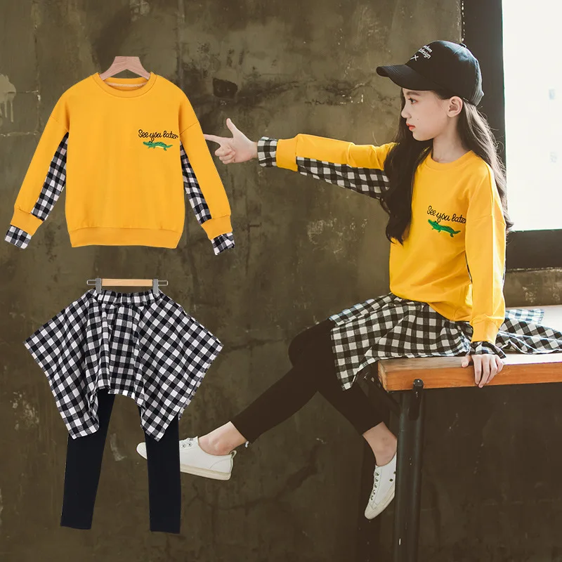 

Girls Clothes Long Sleeve Coat+skirt Pant 2pc Sets Kids Clothes Sets Girls Mosaic Grid Skirts Pants and Sweater 4-12 Ages