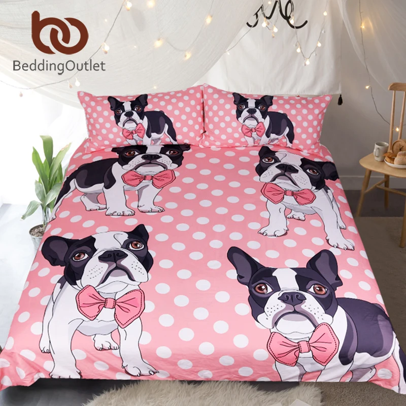 

BeddingOutlet Bow Tie Bulldog Bedding Set Dot Pink Kids Cartoon Bed Set King Size Duvet Cover Animal Dog Pug Print Bedclothes