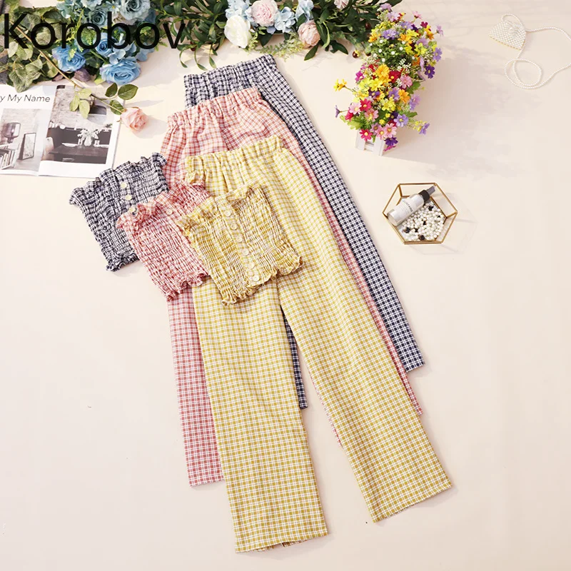 

Korobov Korean Fashion Ruched Plaid Tube Top + High Waist Wide Leg Pants Two Piece Set Beach Off Shoulder Blouse Suits 77692