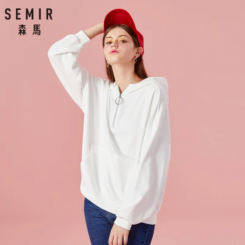 SEMIR Женская толстовка с капюшоном большого размера на молнии, пуловер с капюшоном с карманом-кенгуру, капюшон на шнурке, ребристые манжеты и подол